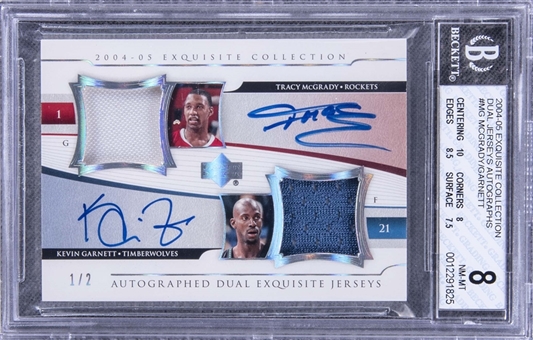 2004-05 UD "Exquisite Collection" Dual Jerseys Autographs #MG McGrady/Garnett Signed Game Used Patch Card (#1/2) – BGS NM-MT 8/BGS 8